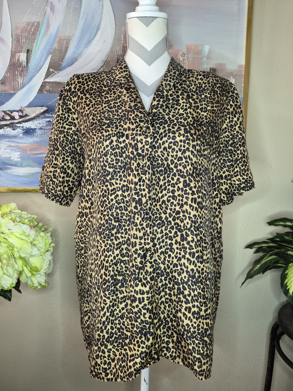 100% Silk Vintage STUNT Leopard Print Button-Down Shirt - Black & Tan